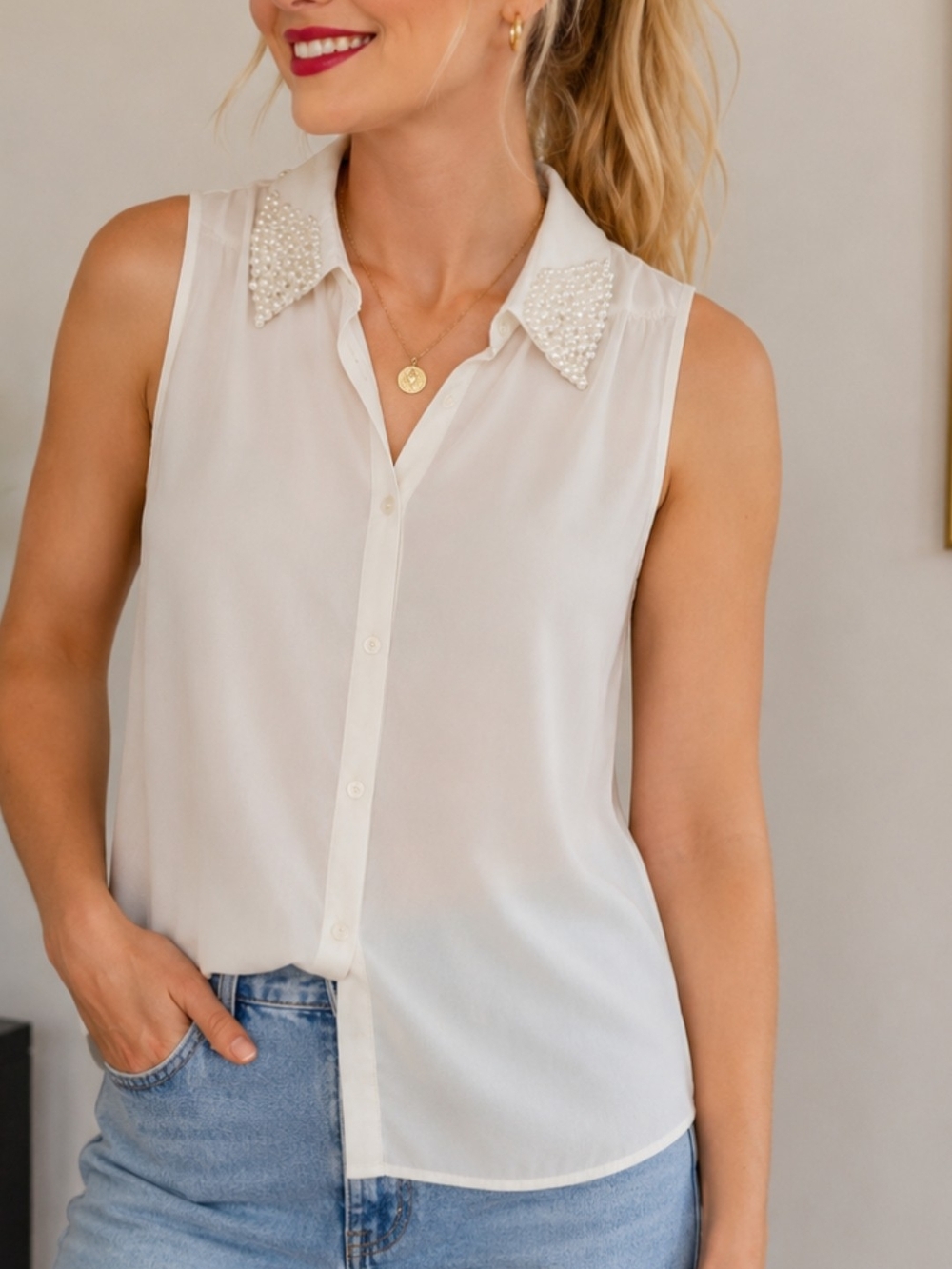 ZARA sleeveless Pearl Collar Blouse - Off White- Size M
